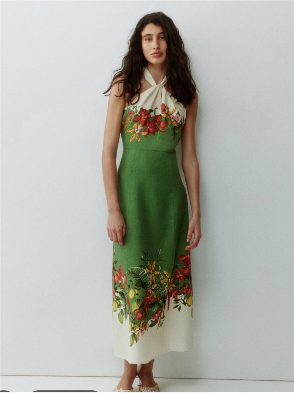 H&M Premium women's Linen-blend Green and Floral Midi Dress - Picture 9 of 15